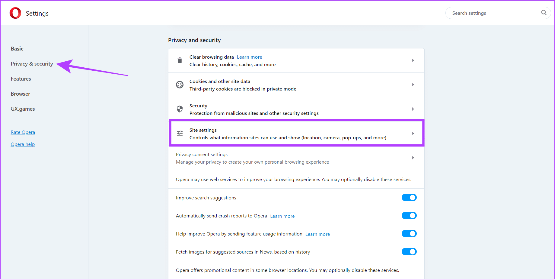 choose-privacy-and-settings-and-choose-site-settings كيفية السماح بالنوافذ المنبثقة وعمليات إعادة التوجيه أو حظرها على Opera