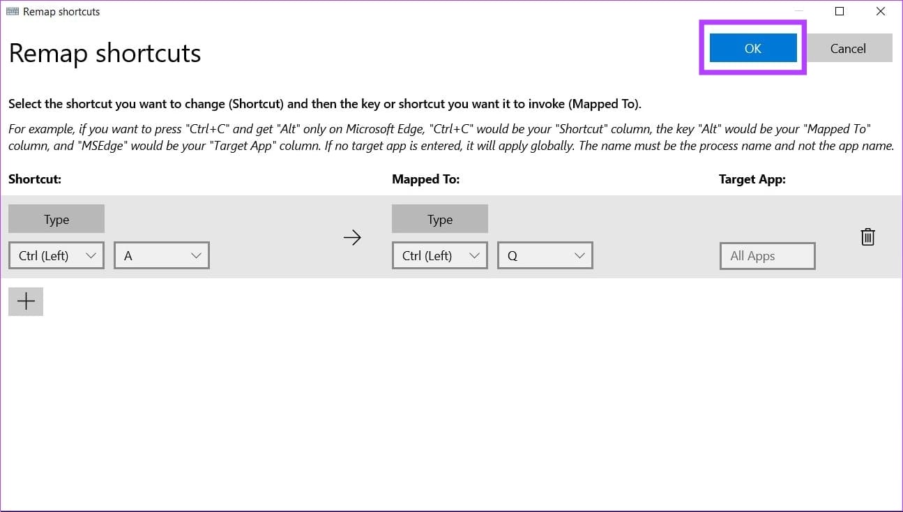 click-on-blue-ok-to-save-remapped-shortcut طريقتان لإعادة تعيين مفاتيح لوحة المفاتيح في Windows 11
