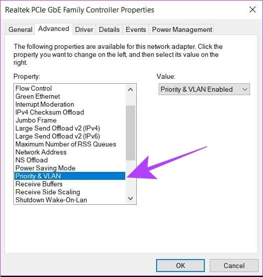 click-on-priority-and-vlan كيفية استخدام Wi-Fi و Ethernet في نفس الوقت في Windows
