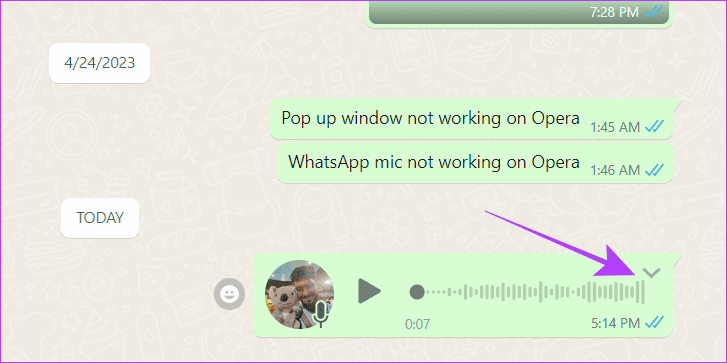 click-the-down-arrow-over-the-voice-note كيفية حفظ الرسائل الصوتية WhatsApp على iPhone و Android والويب