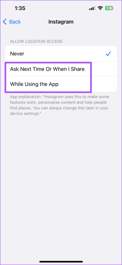 enable-location-for-instagram-iphone-710x1536-1 أفضل 5 إصلاحات لعدم عمل الوضع الليلي على Instagram على iPhone