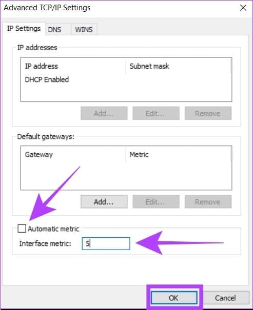 enter-5-in-interface-metric-2 كيفية استخدام Wi-Fi و Ethernet في نفس الوقت في Windows
