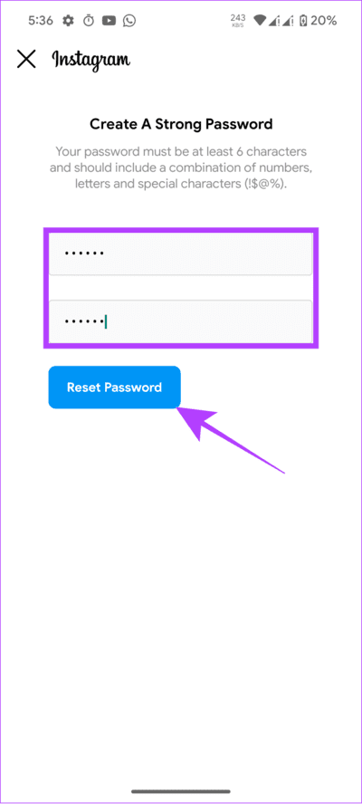 enter-and-verify-the-new-password-and-tap-reset-password كيفية تغيير كلمة مرور Instagram على Android و iPhone وسطح المكتب