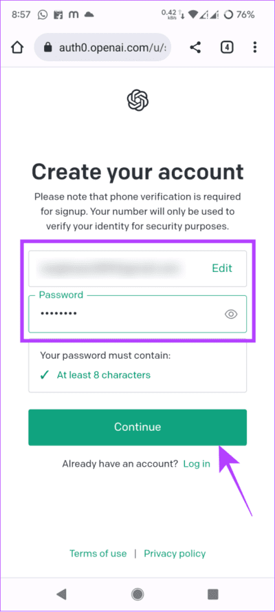 enter-email-id-password-and-hit-continue-461x1024-1 كيفية الحصول على ChatGPT و Bing Chat على هواتف Android