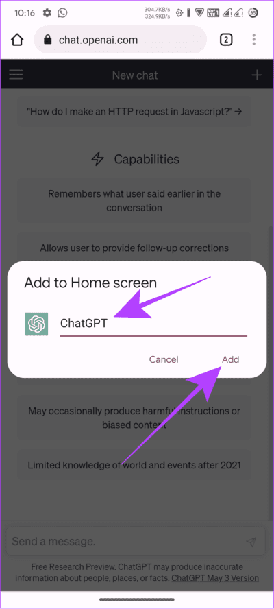 enter-the-name-and-tap-add كيفية الحصول على ChatGPT و Bing Chat على هواتف Android