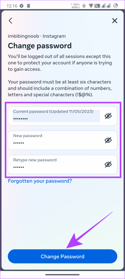 enter-the-new-password-and-tap-change-password كيفية تغيير كلمة مرور Instagram على Android و iPhone وسطح المكتب