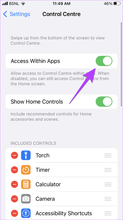 iPhone-Setting-Control-Center-Access-Within-Apps 11 طرق لإصلاح عدم عمل التمرير لأعلى على iPhone
