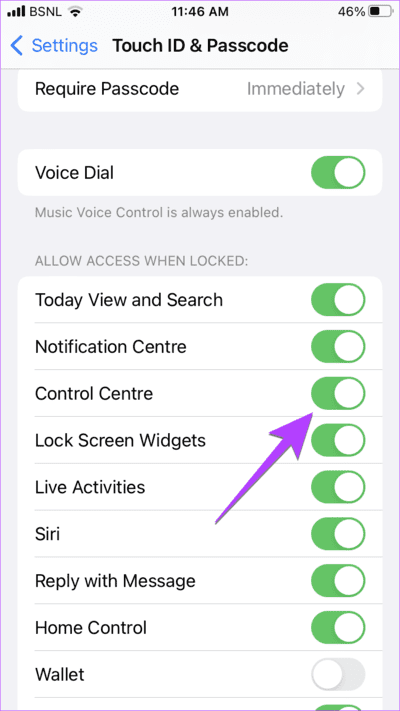 iPhone-Setting-Passcode-Control-Center 11 طرق لإصلاح عدم عمل التمرير لأعلى على iPhone