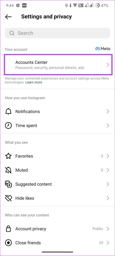 open-account-center كيفية تغيير كلمة مرور Instagram على Android و iPhone وسطح المكتب