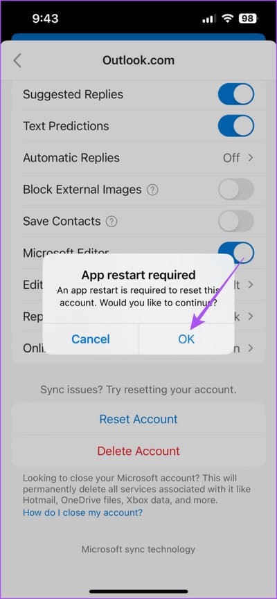 restart-outlook-to-reset-iphone-710x1536-1 كيفية تغيير كلمة مرور Outlook على الهاتف المحمول وسطح المكتب والويب