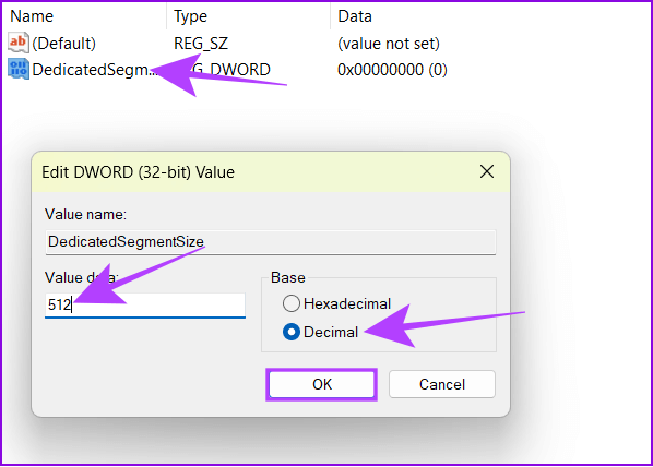 right-click-dedicated-segment-enter-the-value-choose-decimal-and-hit-ok 4 طرق لزيادة ذاكرة الوصول العشوائي للفيديو (VRAM) في Windows