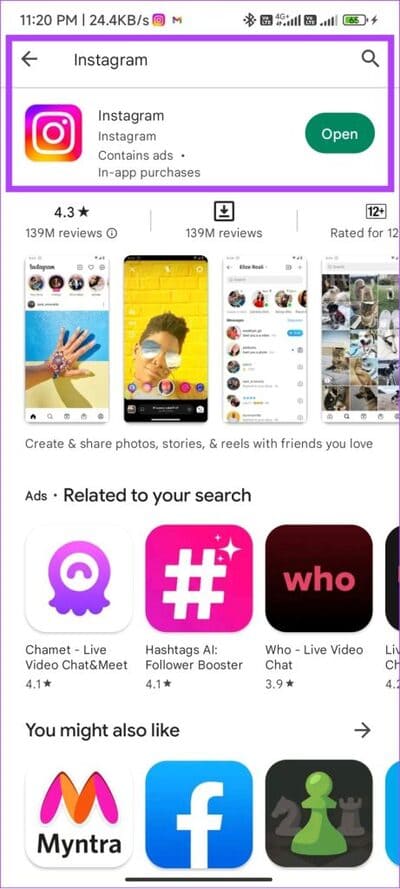 search-and-open-Instagram-from-play-store-461x1024-1 9 طرق سهلة لإصلاح عدم ظهور Instagram في آخر نشاط