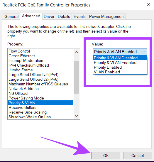 select-priority-and-vlan-disabled كيفية استخدام Wi-Fi و Ethernet في نفس الوقت في Windows