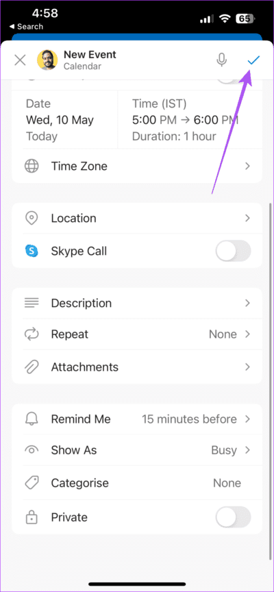 set-reminder-outlook-calendar-iphone-711x1536-2 كيفية إضافة تذكيرات إلى تقويم Outlook على الهاتف المحمول وسطح المكتب