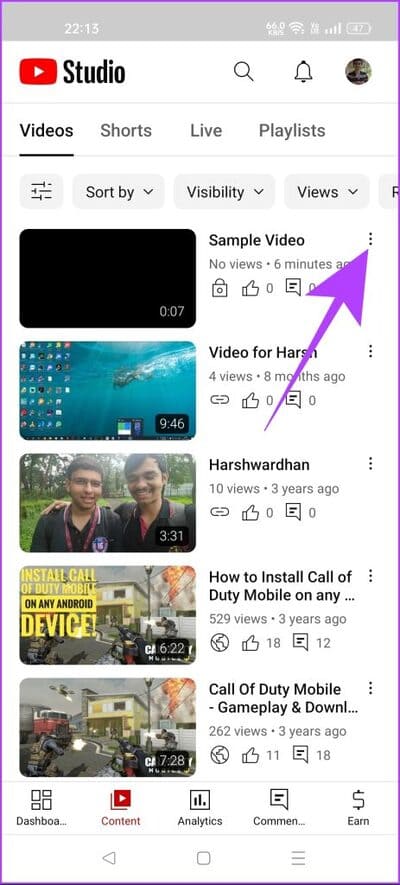 tap-on-three-dots-in-youtube-studio-463x1024-1 كيفية حذف مقاطع الفيديو على YouTube: دليل خطوة بخطوة