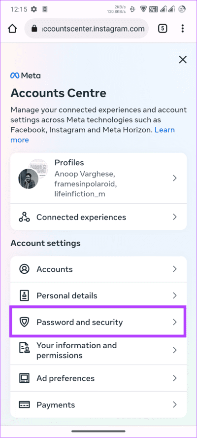 tap-passwords-and-security كيفية تغيير كلمة مرور Instagram على Android و iPhone وسطح المكتب