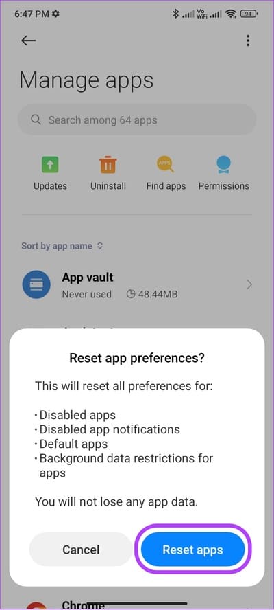 tap-reset-apps-to-confirm 12 طريقة لإصلاح مشكلة "حدث خطأ ما" في Play Store