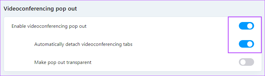 toggle-on-video-conferenceing-pop-out كيفية السماح بالنوافذ المنبثقة وعمليات إعادة التوجيه أو حظرها على Opera