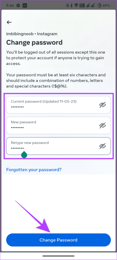 update-password-and-tap-change-password-461x1024-1 كيفية تغيير كلمة مرور Instagram على Android و iPhone وسطح المكتب