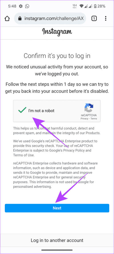 verify-captcha-and-tap-next كيفية تغيير كلمة مرور Instagram على Android و iPhone وسطح المكتب
