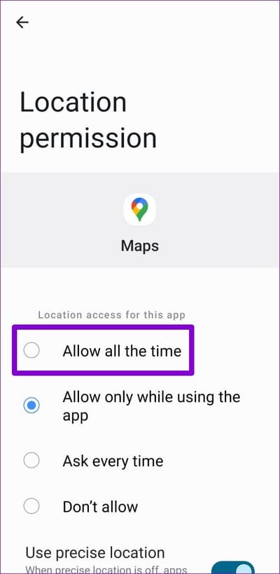 Allow-Location-Permission-for-Google-Maps-for-Android أفضل 8 طرق لإصلاح عدم تحديث مشاركة الموقع في Google Maps على Android و iPhone