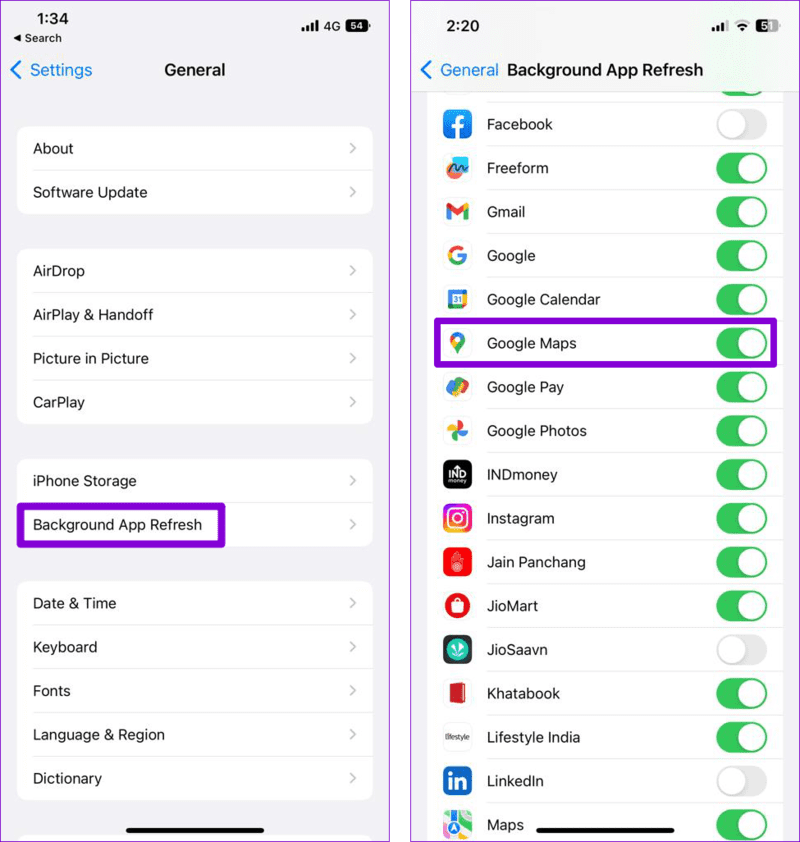 Background-App-Refresh-on-iPhone-4 أفضل 8 طرق لإصلاح عدم تحديث مشاركة الموقع في Google Maps على Android و iPhone