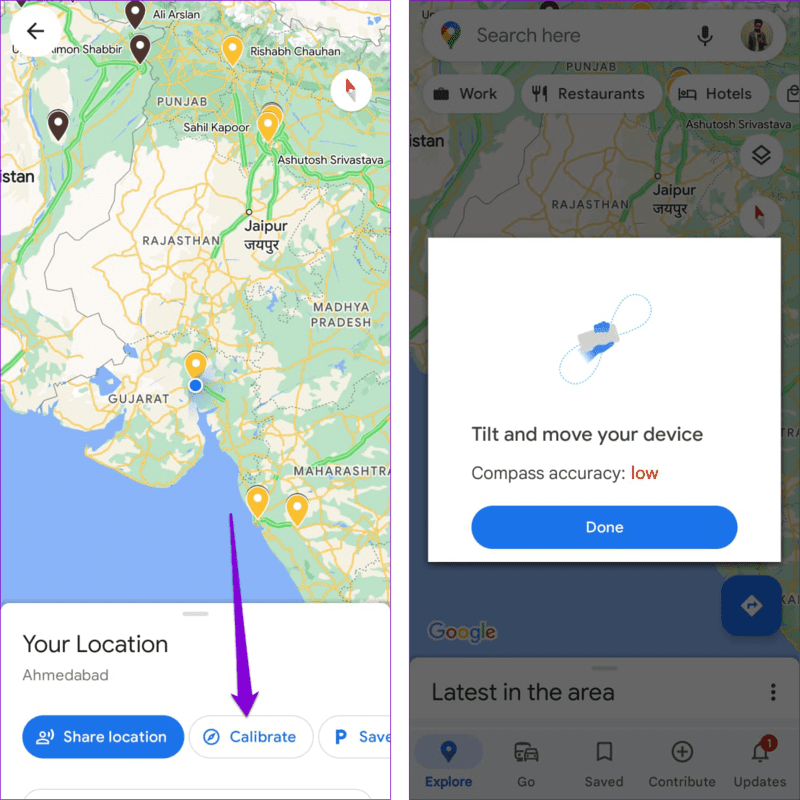 Calibrate-Compass-in-Google-Maps أفضل 8 طرق لإصلاح عدم تحديث مشاركة الموقع في Google Maps على Android و iPhone