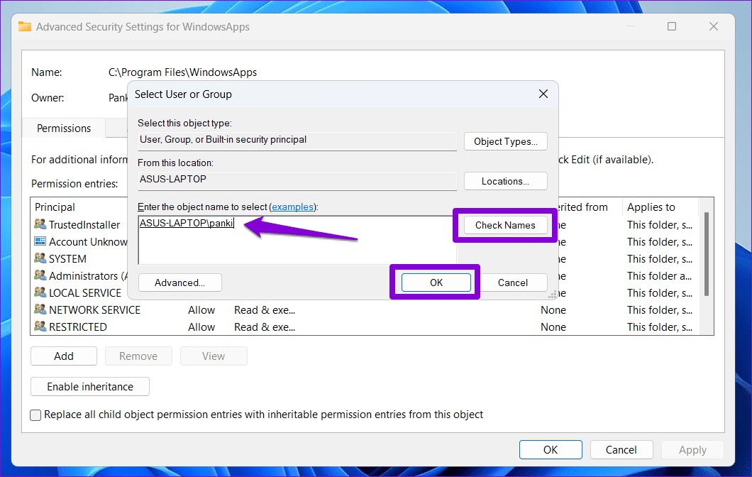 Change-Permissions-for-WidnowsApps-Folder-on-Windows أفضل 6 إصلاحات لخطأ المستخدم المحدد ليس لديه ملف تعريف صالح على Windows