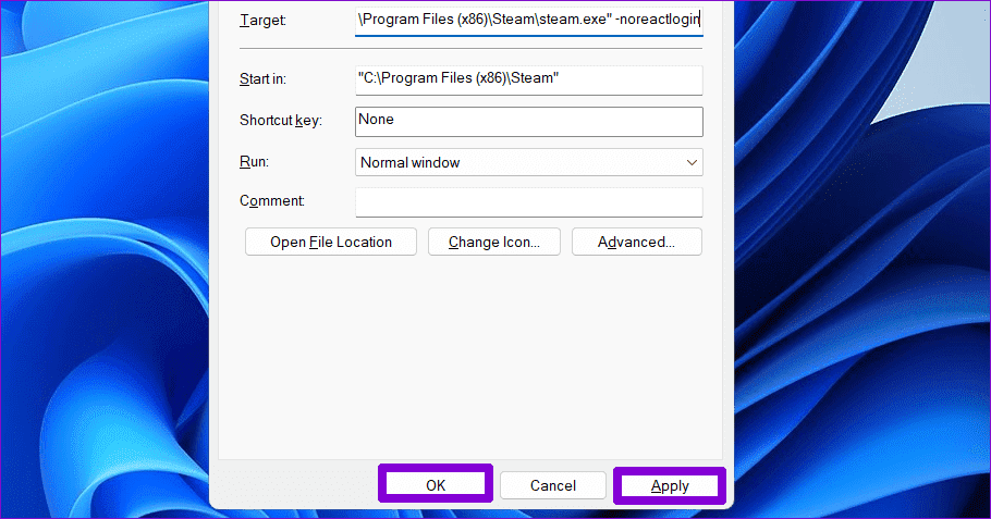 Change-Steam-Shorcut-Properties أفضل 7 طرق لإصلاح ظهور رمز خطأ تسجيل الدخول E84 في Steam على Windows