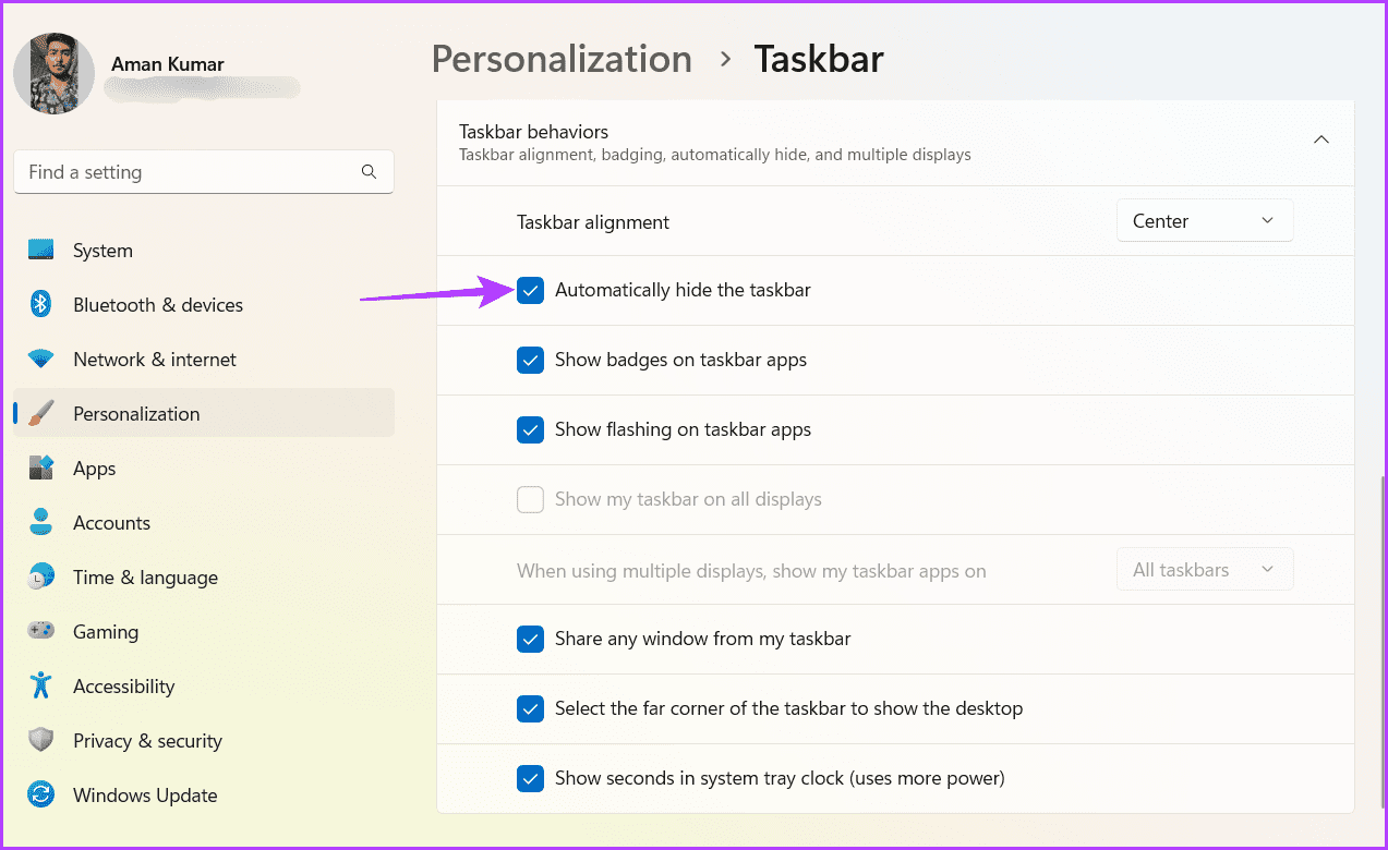 Check-Automatically-hide-the-taskbar أفضل 6 طرق لإصلاح عدم عمل ميزة اختفاء شريط المهام التلقائي في Windows 11