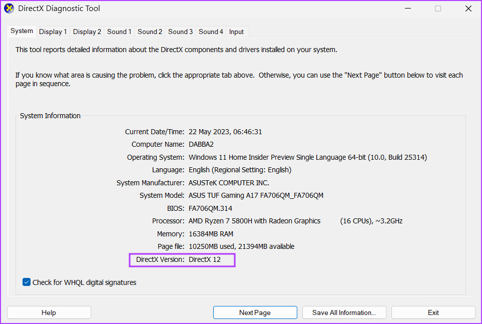 Check-Your-GPUs-DirectX-Version أفضل 7 طرق لإصلاح خطأ مطلوب GPU المتوافق مع D3D11 لتشغيل خطأ المحرك على Windows 11
