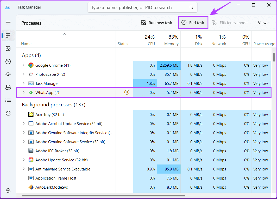 Close-WhatsApp-Using-Task-Manager-1 أفضل 10 طرق لإصلاح تعطل Google Chrome عند تحميل الملفات