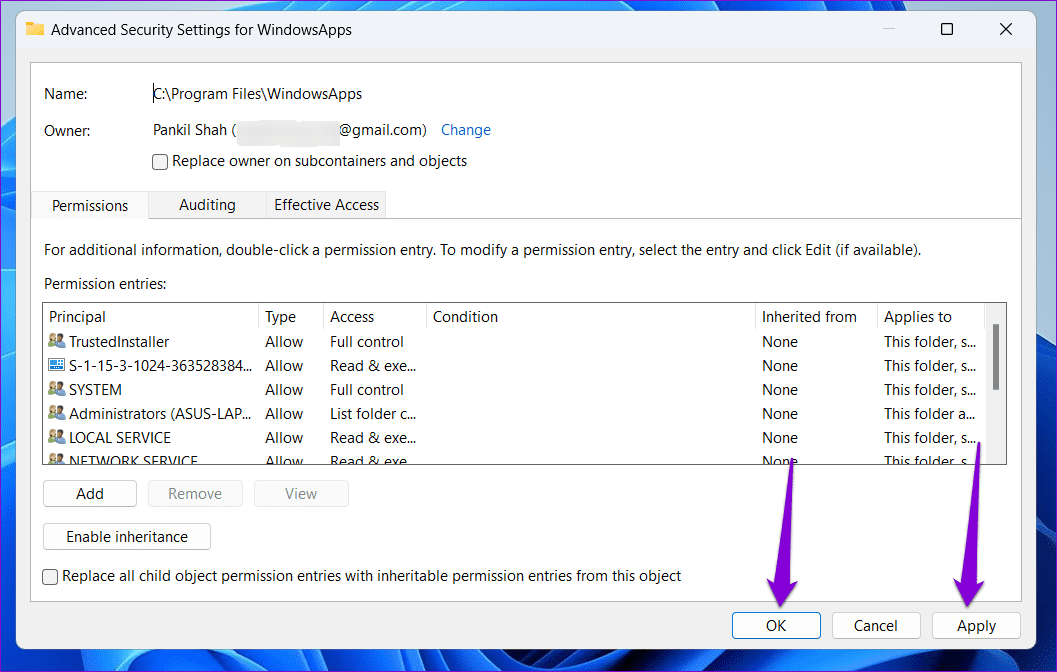 Confirm-Change-Permissions-for-WindowsApps-Folder-on-Windows-1 أفضل 6 إصلاحات لخطأ المستخدم المحدد ليس لديه ملف تعريف صالح على Windows