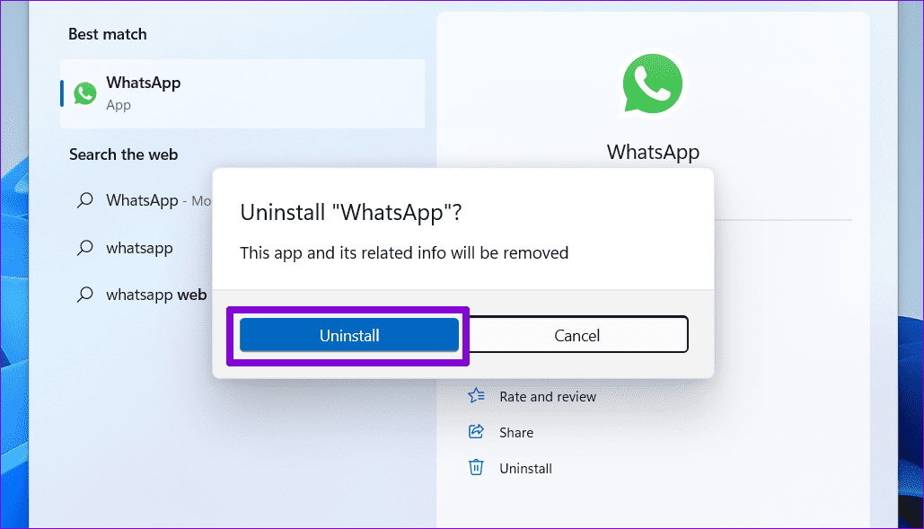 Confirm-Uninstall-WhatsApp-Windows أفضل 6 إصلاحات لخطأ المستخدم المحدد ليس لديه ملف تعريف صالح على Windows