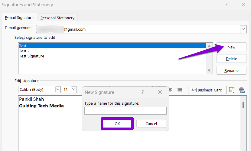 Create-New-Outlook-Signature أفضل 6 طرق لإصلاح عدم ظهور توقيع Outlook على Windows