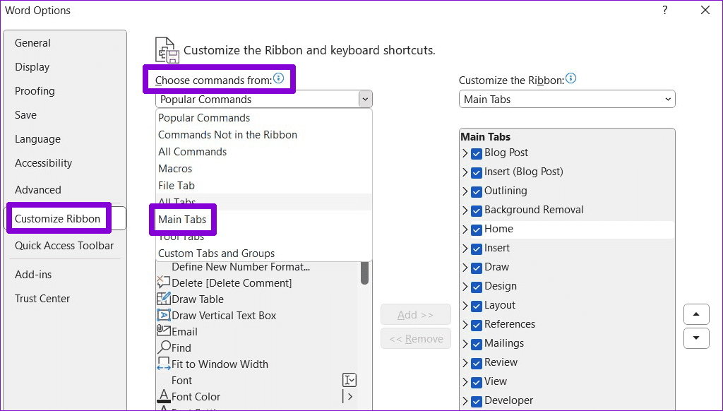 Customize-Word-Ribbon-Toolbar أفضل 7 طرق لإصلاح عدم عمل القراءة بصوت عال في Microsoft Word على Windows