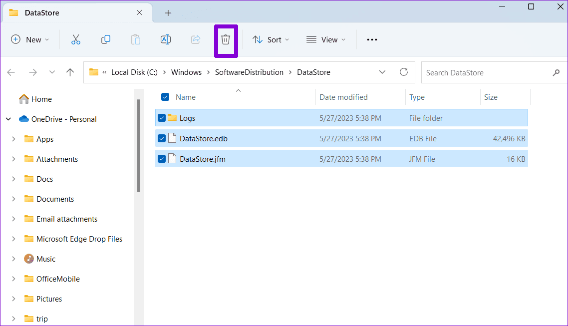 Delete-Temporary-Files-in-DataStore-Folder أفضل 6 طرق لإصلاح خطأ قدم هذا التطبيق طلبات كثيرة جدًا على Windows
