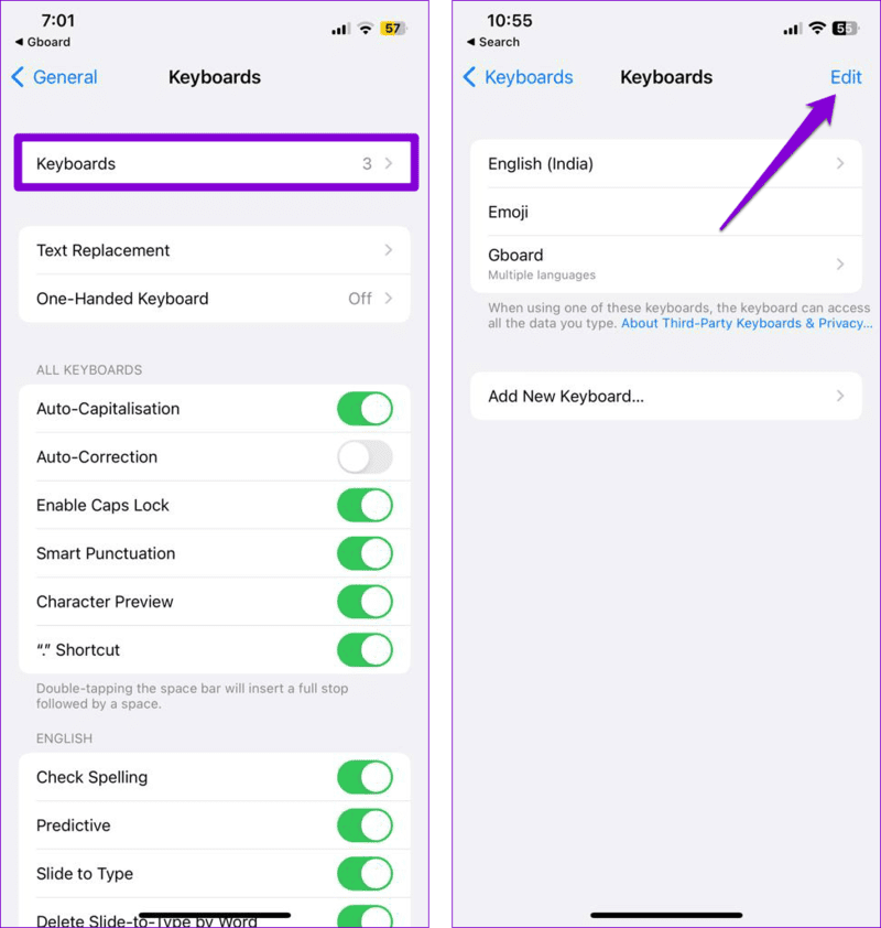 Edit-Keyboards-on-iPhone-1 أفضل 8 طرق لإصلاح عدم عمل لوحة مفاتيح Emoji التنبؤية على iPhone