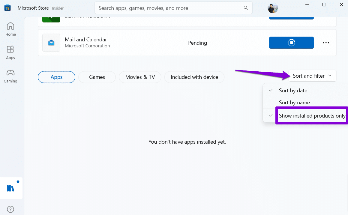 Filter-Apps-in-Library-Tab-in-MS-Store أفضل 6 إصلاحات لعدم عرض Microsoft Store التطبيقات المشتراة على Windows