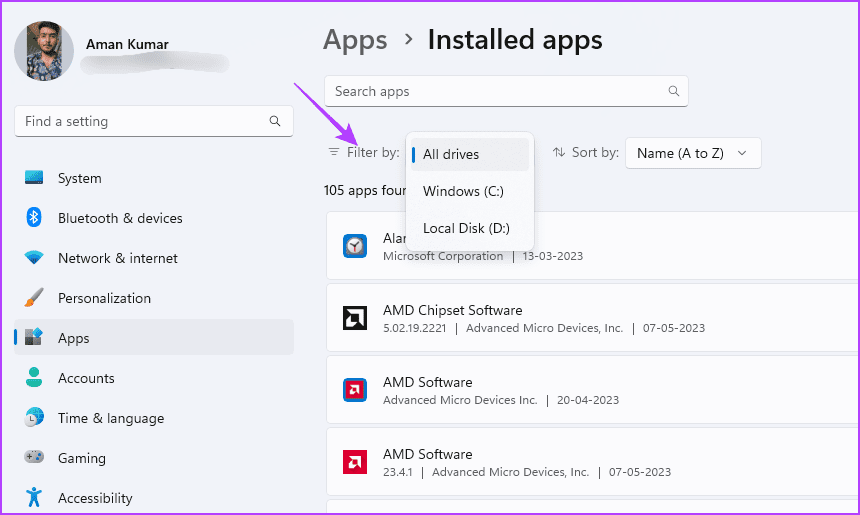 Filter-by-option أفضل 3 طرق للتحقق من حجم التطبيق على نظام التشغيل Windows 11