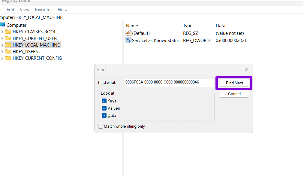 Find-Key-in-Registry أفضل 6 طرق لإصلاح عدم ظهور توقيع Outlook على Windows