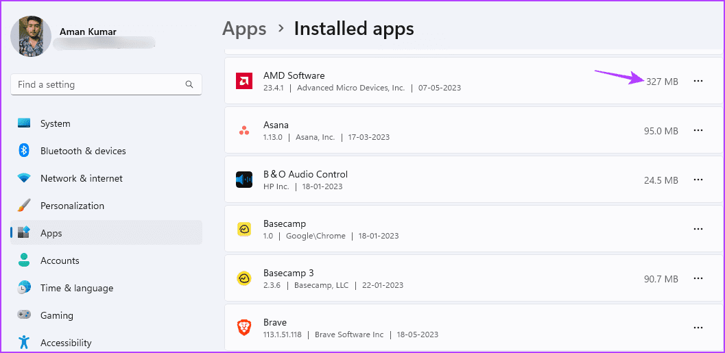 Installed-apps-section أفضل 3 طرق للتحقق من حجم التطبيق على نظام التشغيل Windows 11