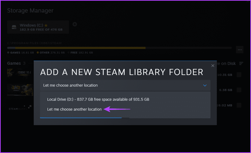 Let-me-choose-another-location ما هو برنامج مدير تخزين Steam وكيفية استخدامه