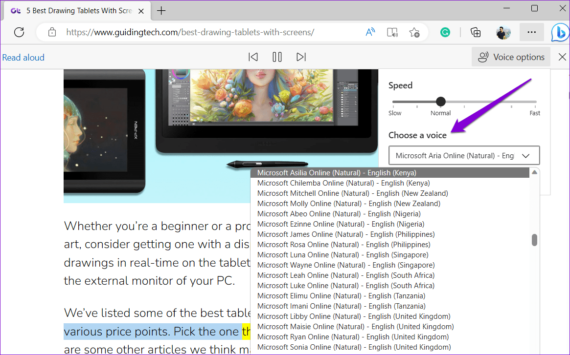 Read-Aloud-Voice-Selection-in-Edge-for-Desktop.jpg كيفية استخدام ميزة القراءة بصوت عالٍ في Microsoft Edge