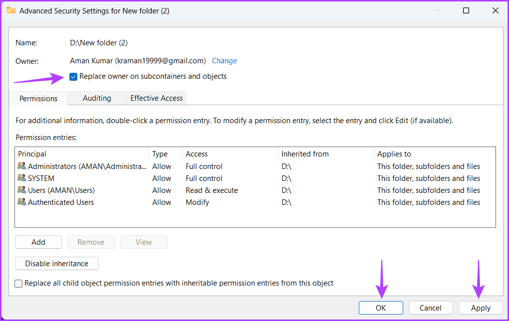Replace-owner-on-subcontainers-and-objects أفضل 5 طرق لإصلاح خطأ "الدليل ليس فارغًا" في Windows 11