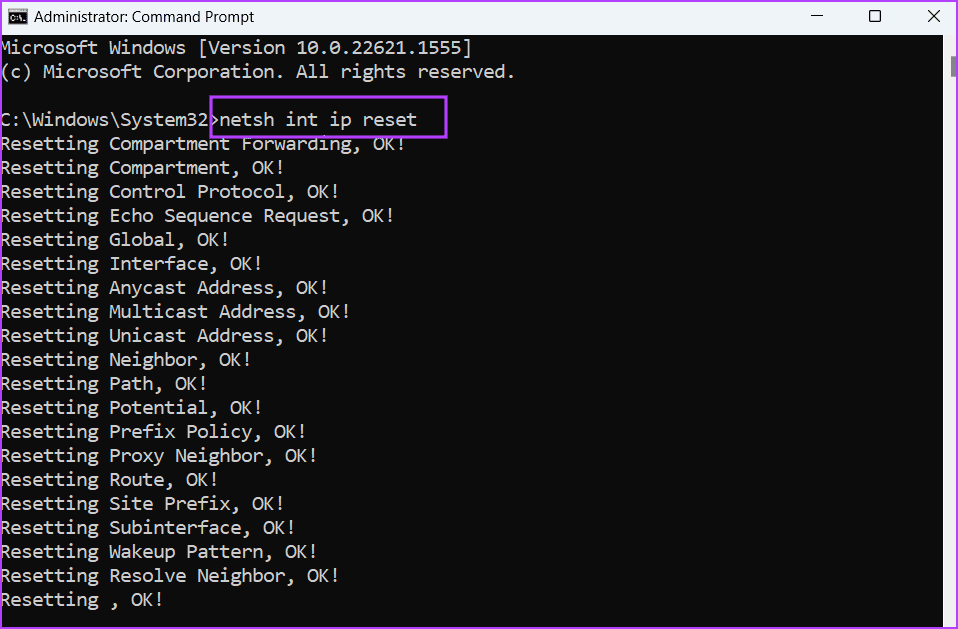 Reset-TCPIP-Stack-and-Winsock-Catalog أفضل 8 طرق لإصلاح خطأ عدم وجود تكوين IP صالح في Ethernet على Windows 11