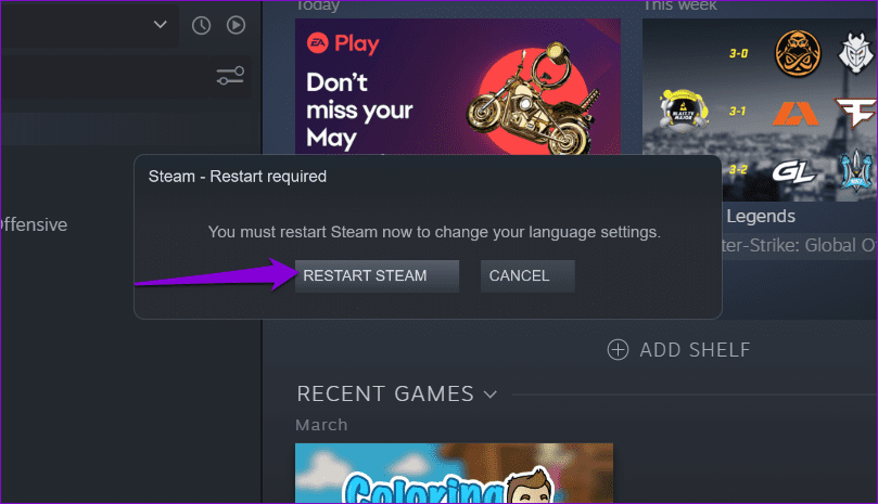 Restart-Steam-App كيفية تغيير اللغة الافتراضية في Steam لسطح المكتب والجوال