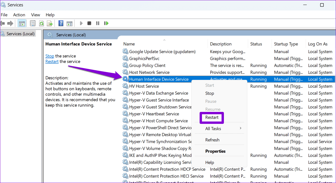 Restart-the-Human-Interface-Device-Service أفضل 6 طرق لإصلاح عدم عمل مفتاح المسافة في Windows 11