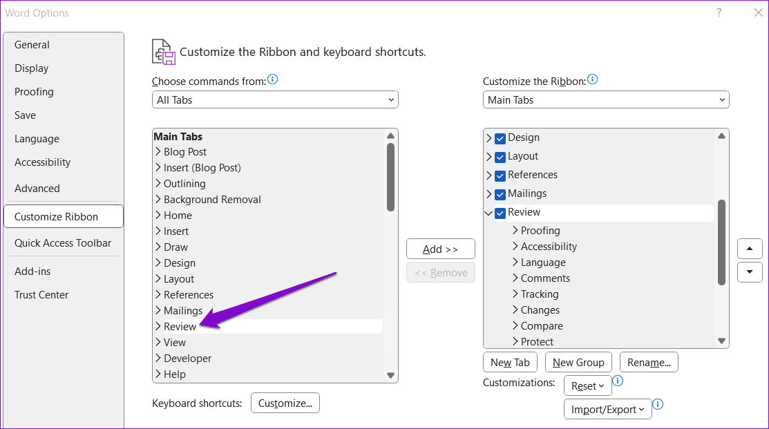 Review-Tab-in-Word أفضل 7 طرق لإصلاح عدم عمل القراءة بصوت عال في Microsoft Word على Windows
