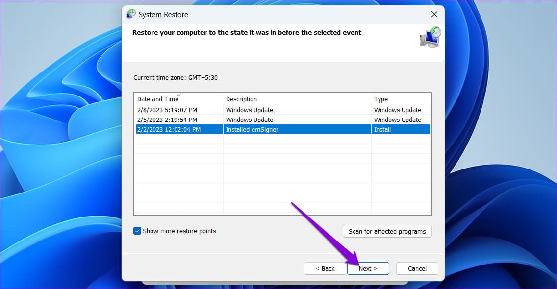 Select-Restore-Point-in-Windows-11-3 أفضل 6 طرق لإصلاح عدم عمل مفتاح المسافة في Windows 11